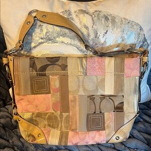 Coach Tan and Brown Shoulder Bag with Monogram Design
